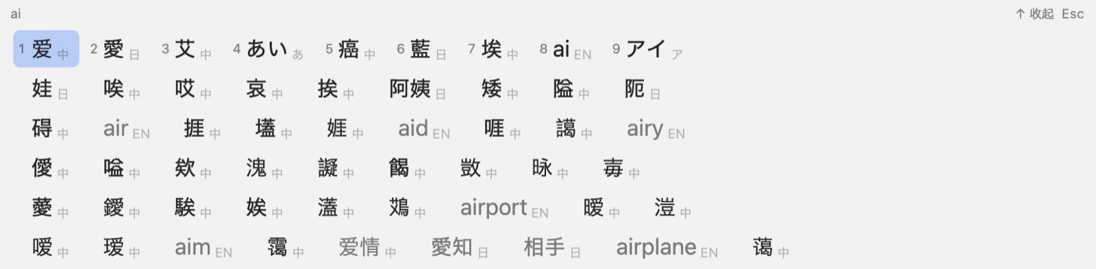 Claude 自己画的测试图：键入 ai，展开后的候选，中、日、英、平假名、片假名都有，后面几行灰色的是不完全匹配。