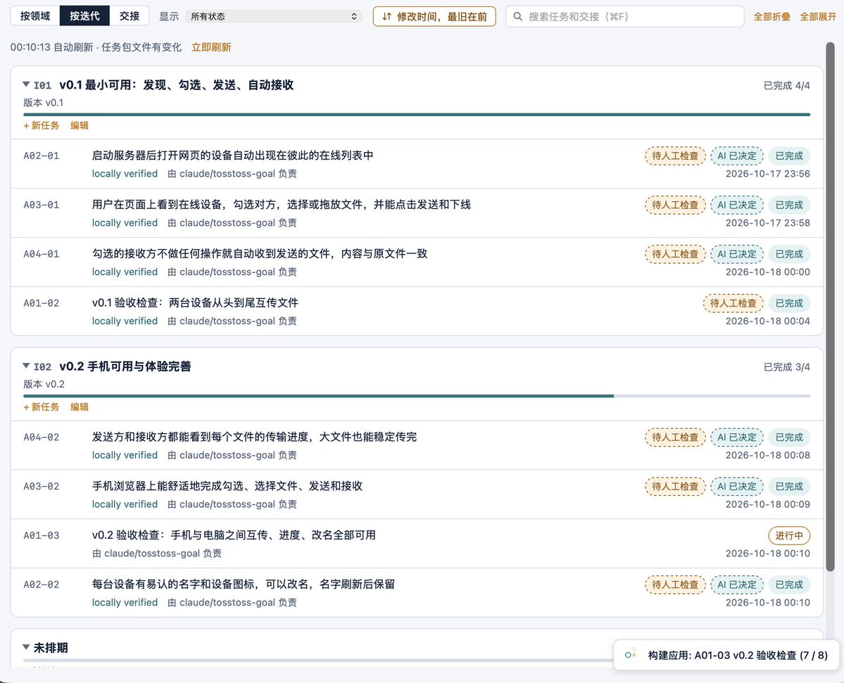同一时刻的任务包：v0.1 四个任务全部完成，v0.2 只剩验收任务 A01-03 在进行中，右下角“构建应用：A01-03 v0.2 验收检查（7/8）”。